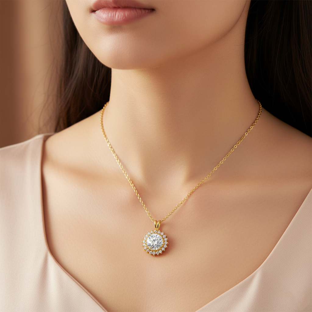 White Round Cut Pendant Yellow Finish