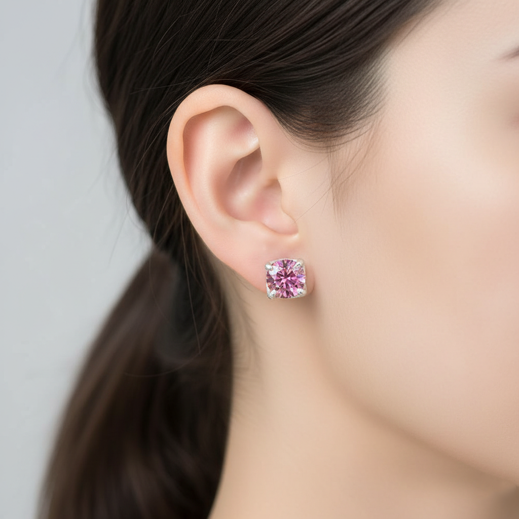Pink Round Cut Stud Earrings