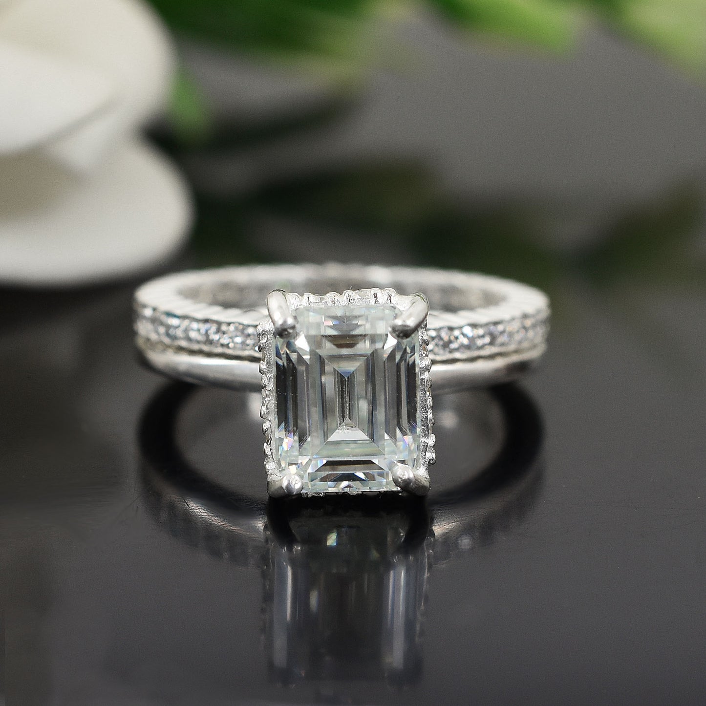 White Emerald Cut Dual Ring Set