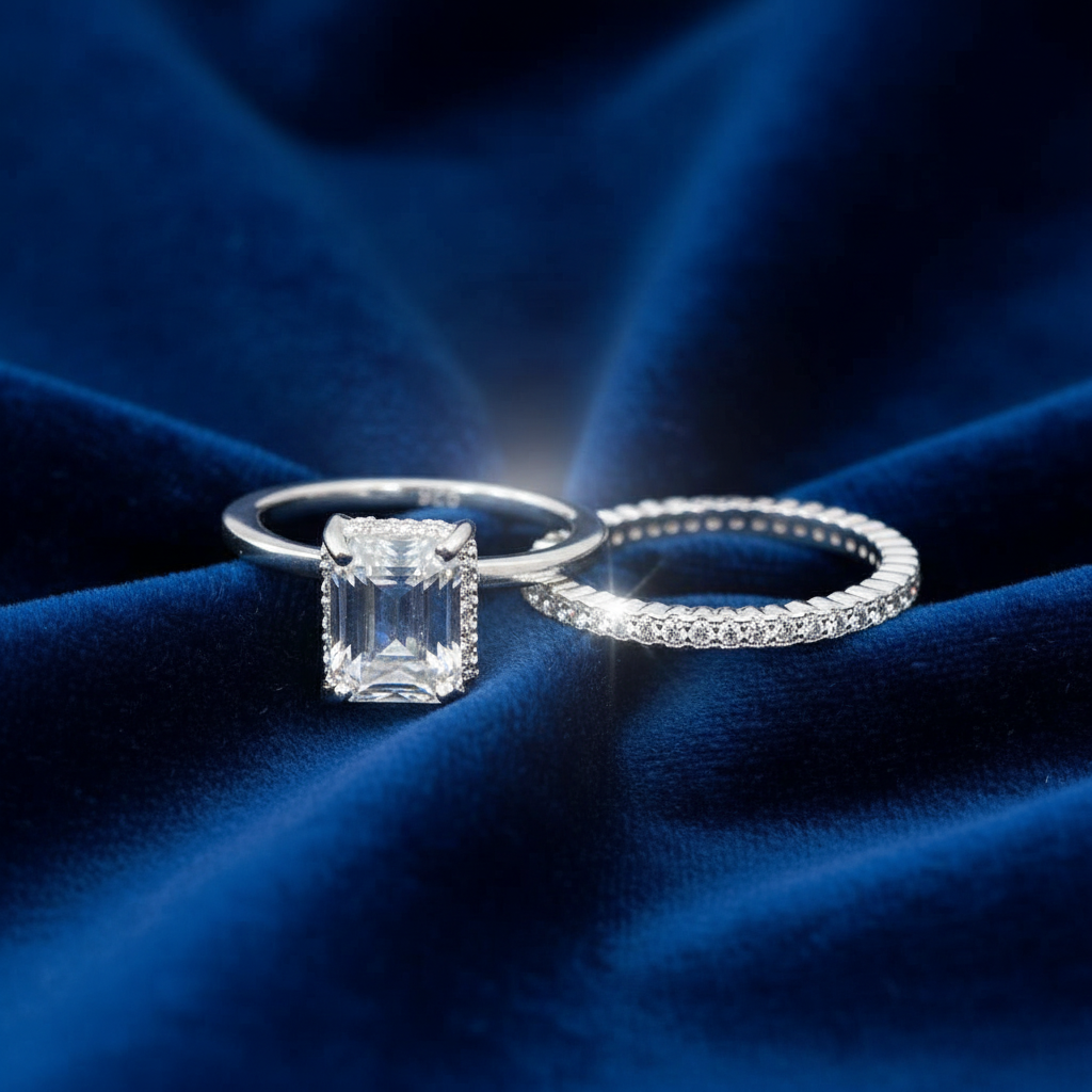 White Emerald Cut Dual Ring Set