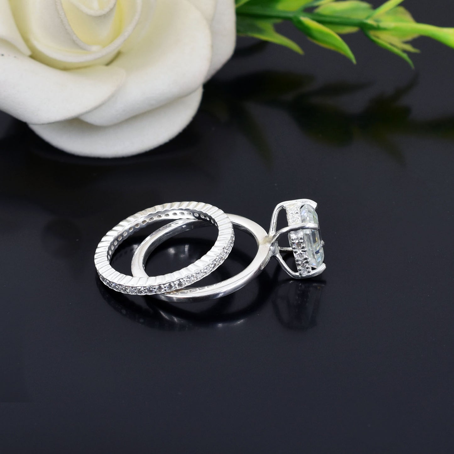 White Emerald Cut Dual Ring Set