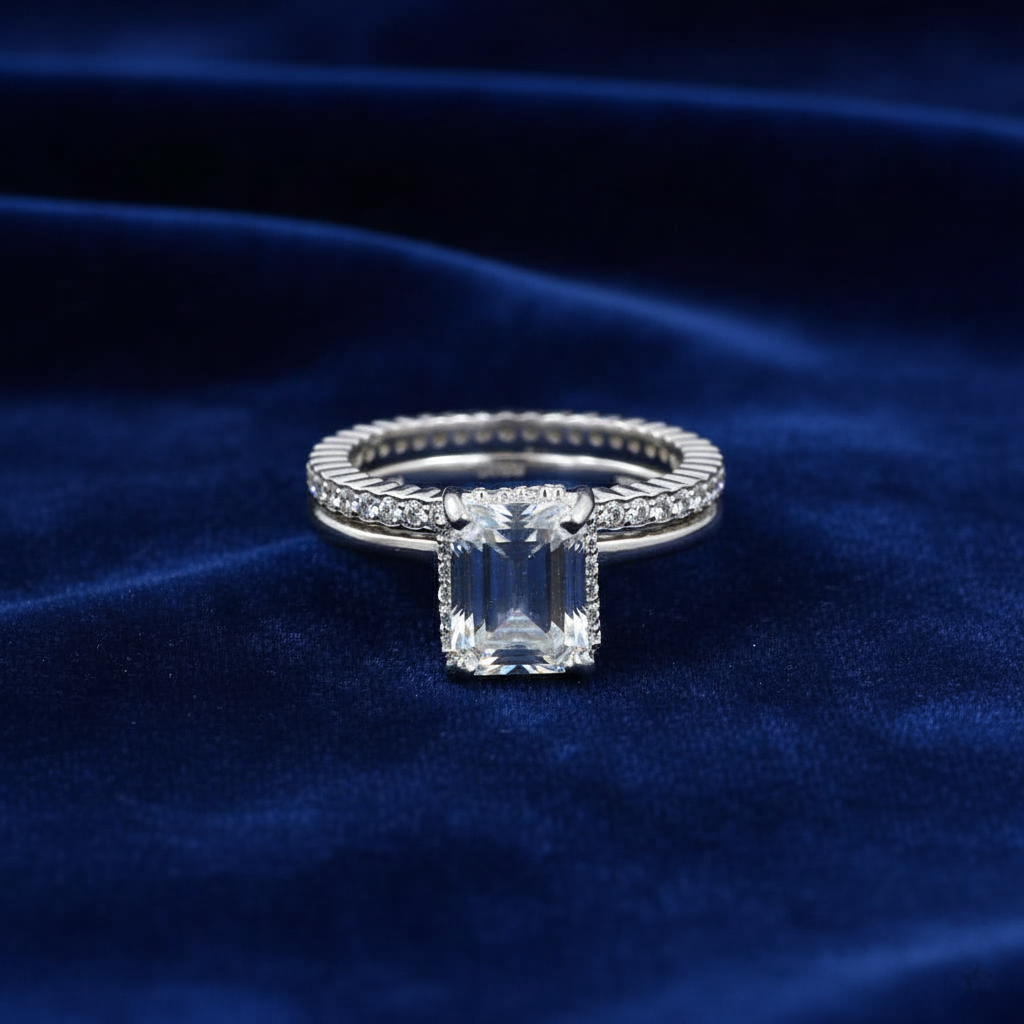 White Emerald Cut Dual Ring Set