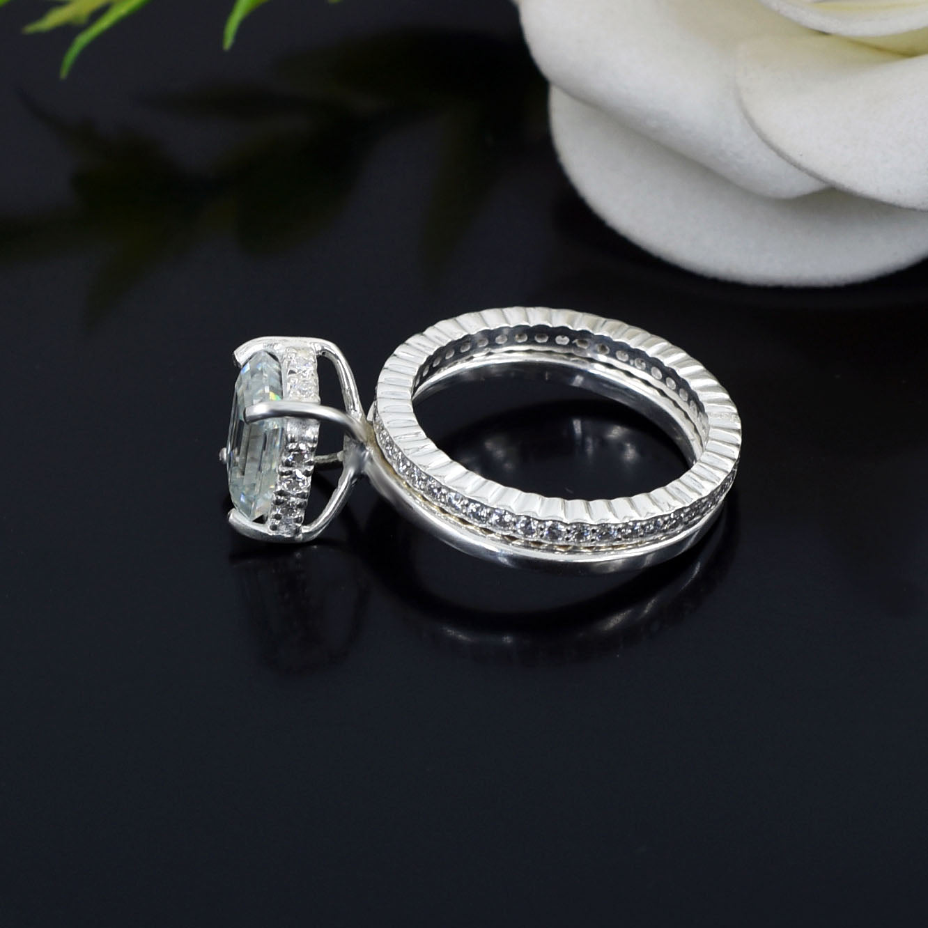 White Emerald Cut Dual Ring Set