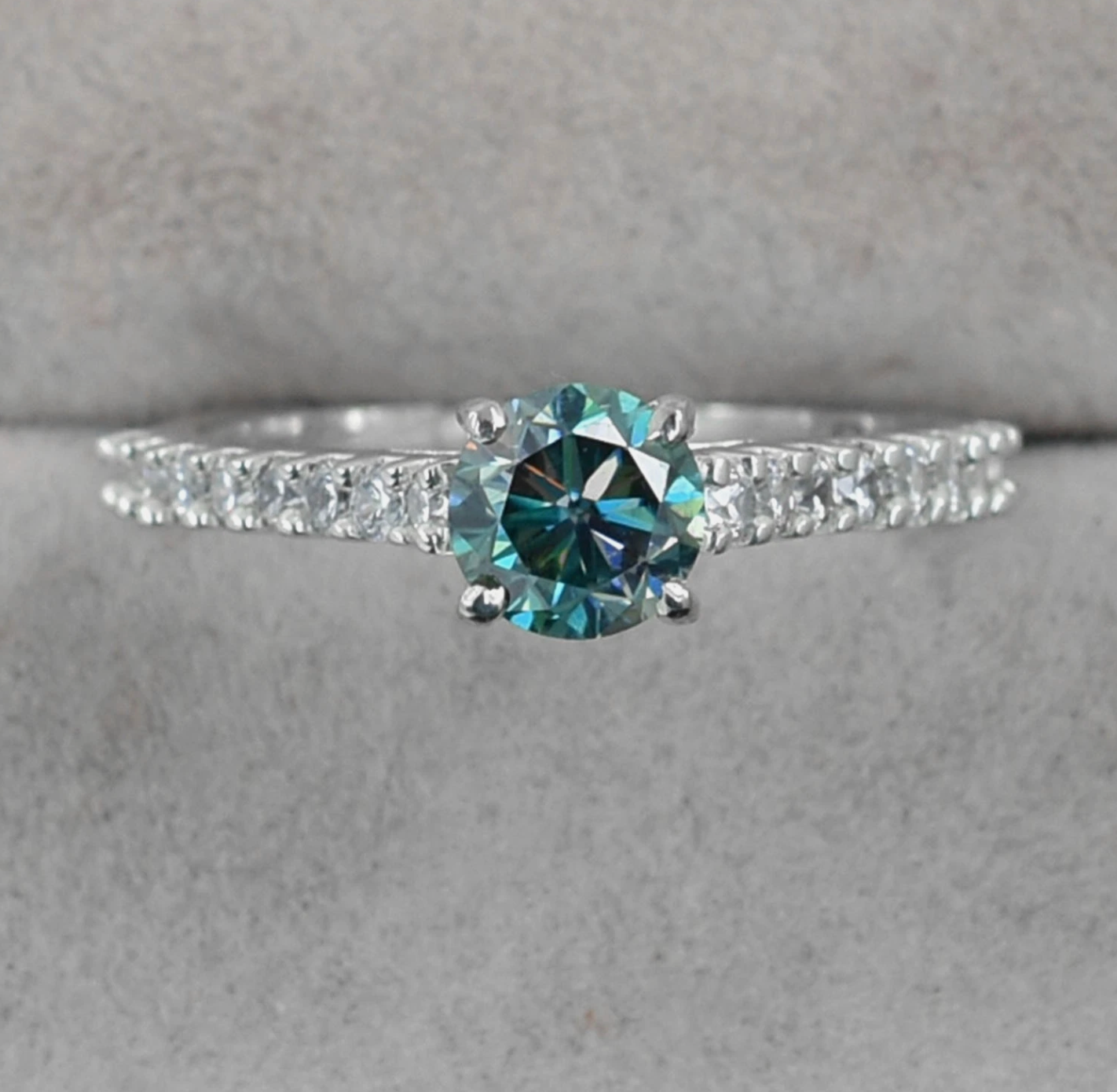 Elegant Blue Round Cut Ring- White Finish